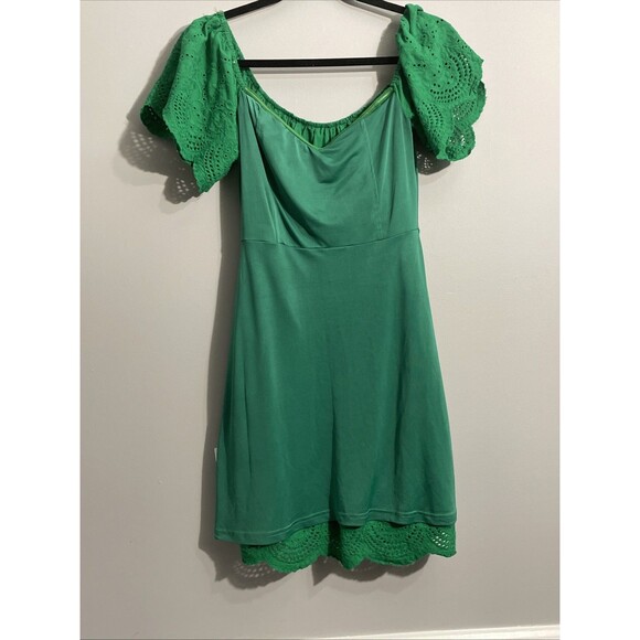 TECE Green Women’s Dress Embroidered Eyelet Scalloped Hem & Sleeves Bohemian L - Picture 10 of 14